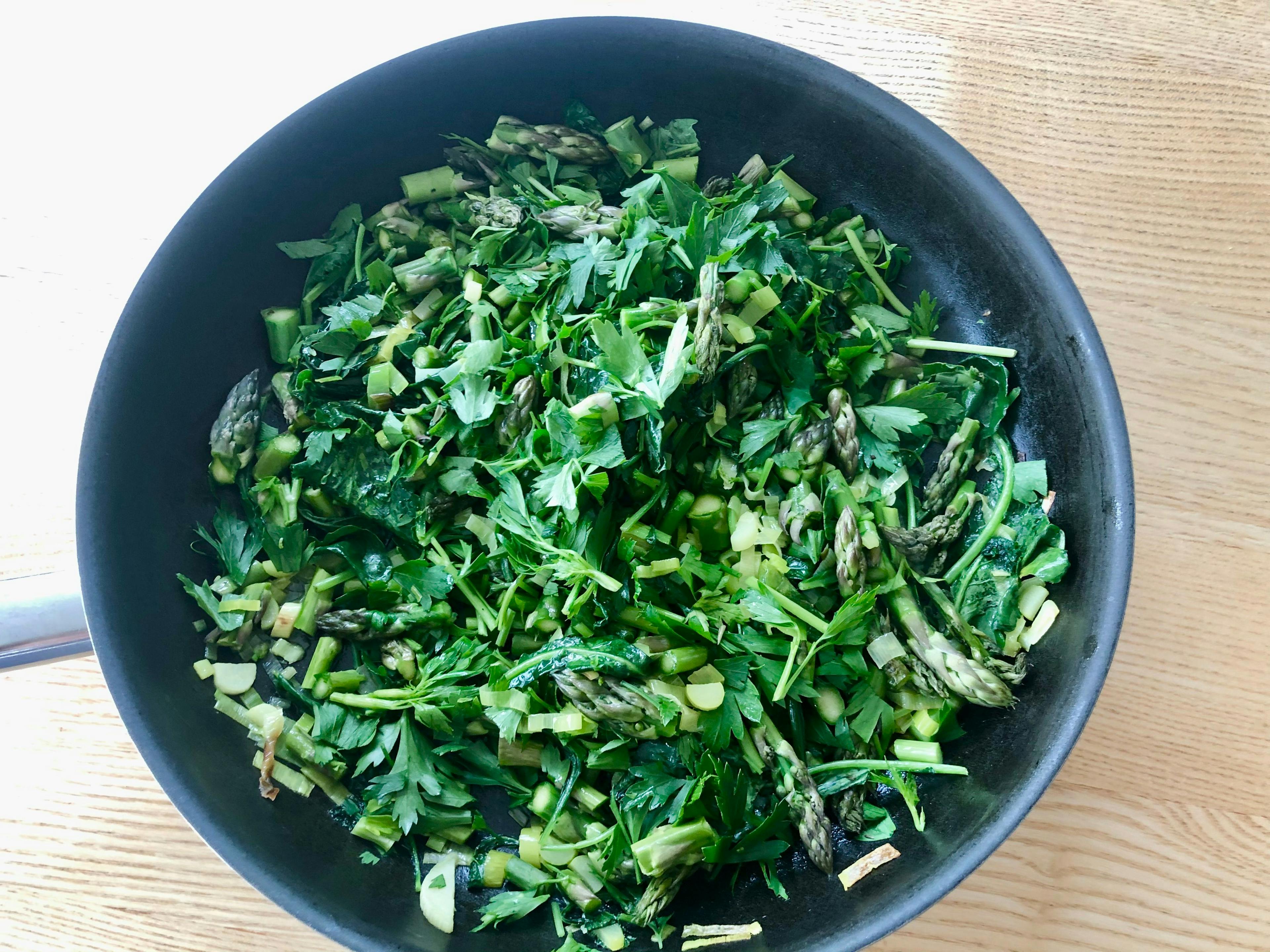 a fry pan with the green vegetables in it