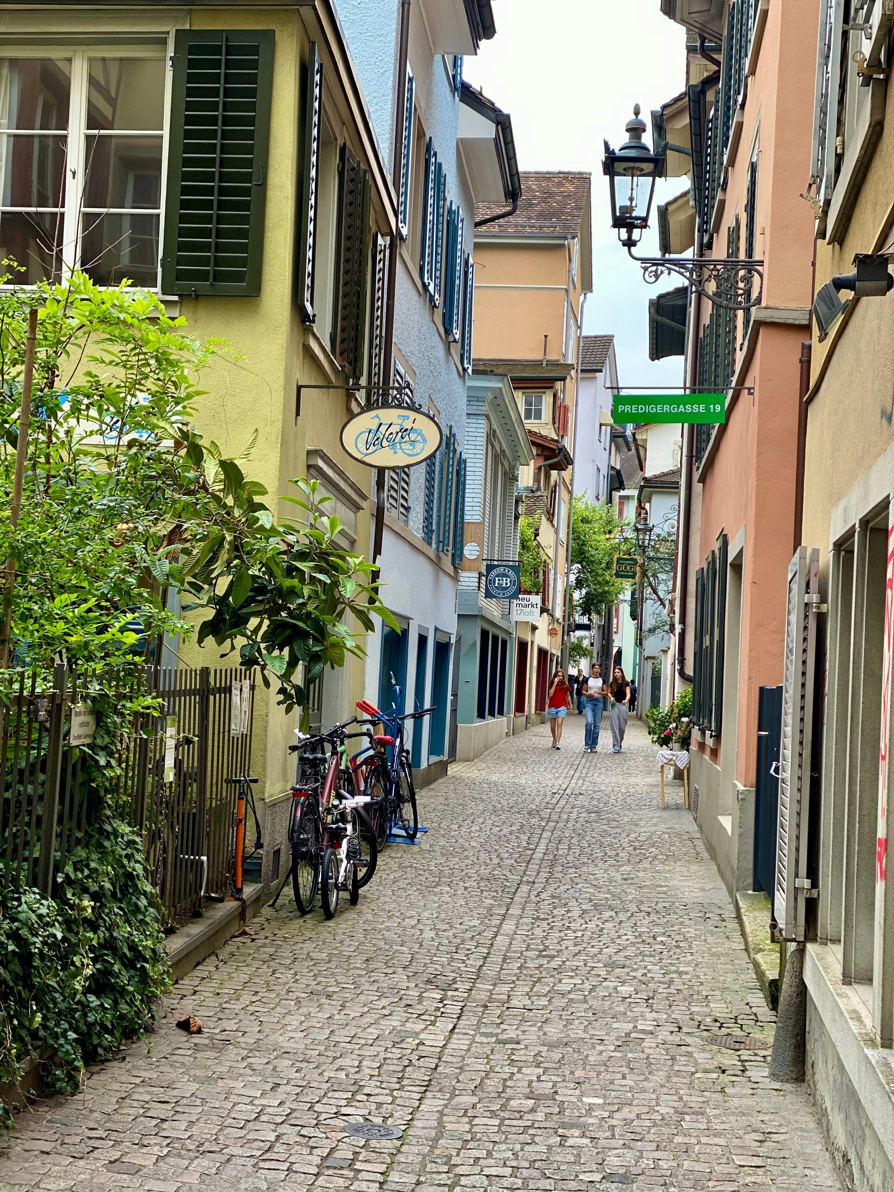 coloured houses in narrow alley 